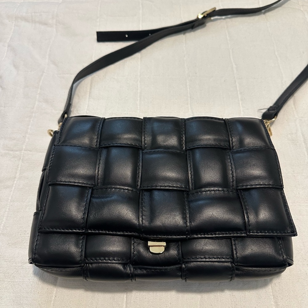 Viola Castellani Padded Woven Leather Black Cassette Crossbody/Clutch